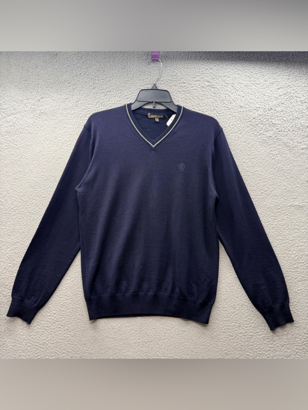 Roberto Cavalli Wool V-Neck Sweater Dark Blue Italy Made Knit Adults Men Size M